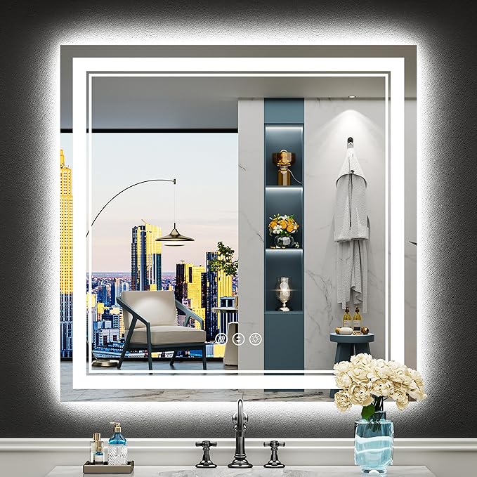36x36 LED Bathroom Mirror with Lights, Backlit and Front Lit Anti-Fog Lighted Vanity Mirrors for Bathroom Wall, Dimmable, 3-Color Light, Memory, Shatter-Proof, HD Tempered Glass, CRI＞90