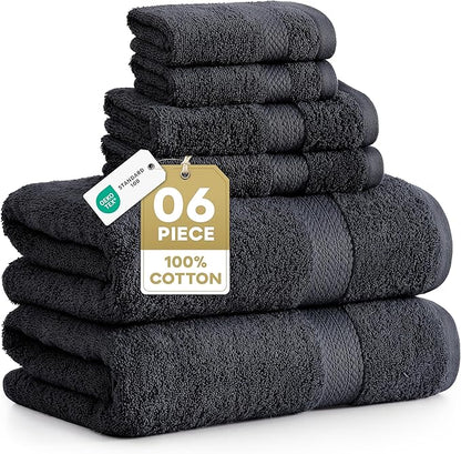 LANE LINEN Bathroom Towel Set 6 Piece Soft Absorbent Quick Dry - Black | Cotton Towel Set - Coordinated Colors, Dobby Border Accent, OEKO-TEX Certified, Ring-Spun Durability, Ring-Spun Cotton