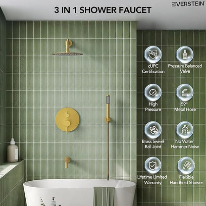 10" High-Pressure Rainfall Shower System with Handheld Spray, Wall Mount Bathroom Shower Faucet Set with Tub Spout, Brushed Gold (Valve Included)