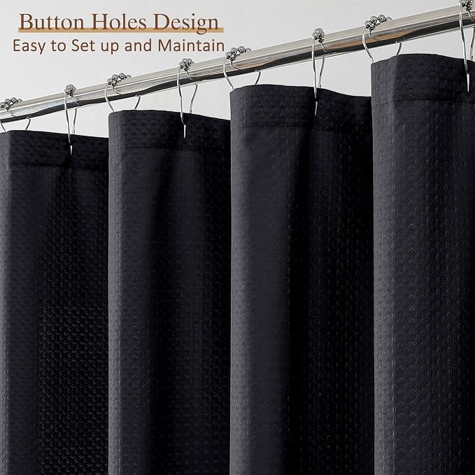Extra Long Black Shower Curtain 96 Inch Long 1 Piece, Waffle Embossed Textured Fabric Shower Curtain for Bathroom Large Hotel, Water Resistant, Machine Washable, 72Wx96L Inches