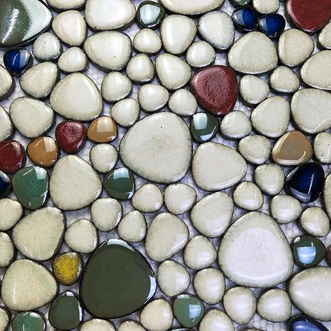 Ceramic Pebble Mosaic Tile Cream Red & Green Bath Shower Floor 5 Sq Ft | Crystal Glazed Porcelain, River Stone-Look for Bathroom Remodel, Fireplace Surround, Kitchen Backsplash and Accent Wall