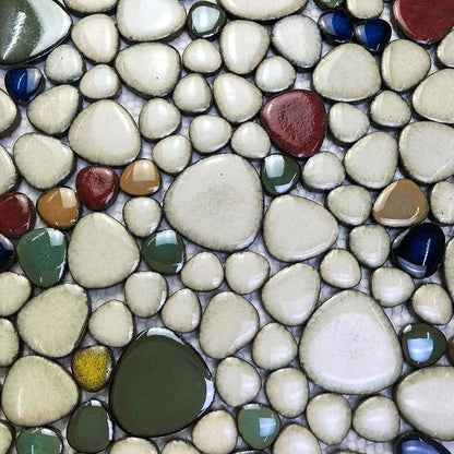 Ceramic Pebble Mosaic Tile Cream Red & Green Bath Shower Floor 5 Sq Ft | Crystal Glazed Porcelain, River Stone-Look for Bathroom Remodel, Fireplace Surround, Kitchen Backsplash and Accent Wall