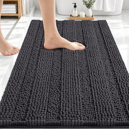 OLANLY Thick Bathroom Rugs 30x20, Chenille Striped Bath Rugs, Dark Grey | Rubber Backing, Machine Wash, Extra Soft Absorbent Bath Mats for Bathroom Floor, Tub and Shower, Home Decor Accessories