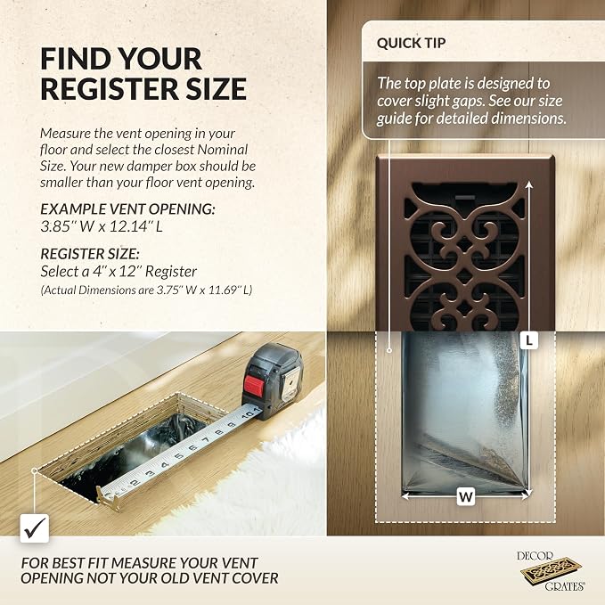 Decor Grates Metal Scroll Decorative Air Vent Cover 4x12 Floor Register – Adjustable Control Lever – AC Floor Vent Covers for Home Floor Vents – Fits 4 x 12 Inch Opening – Rubbed Bronze (SPH412-RB)