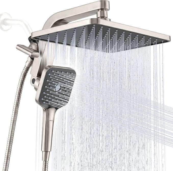 12" XXL Rainfall Shower Head with Handheld Combo Set, Nickel Brushed | High Pressure, Magnetic Docking, Air-Infusion Tech, Anti-Leak One-Piece Design, Dual Square Showerhead