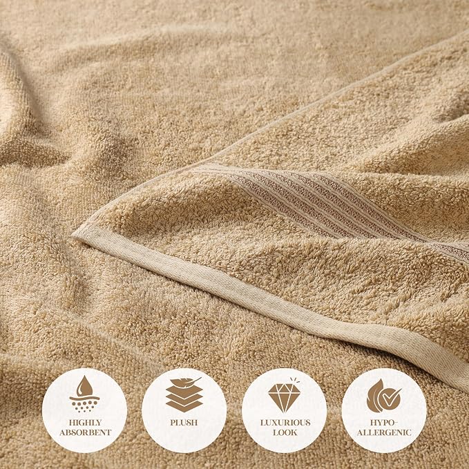 Superior Egyptian Cotton 4-Piece Bath Towel Set for Shower, Bath, Spa, Resort, Hotel, Soft Body Towels, Airbnb Essentials, Apartment, Dorm, Quick Dry, Absorbent, Bathroom Basics, Toast