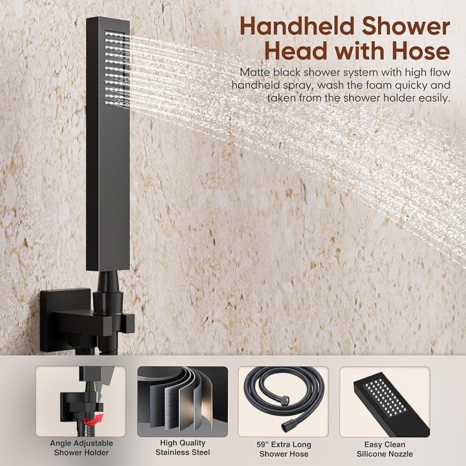 Shower System with Tub Spout, All Metal Matte Black Shower Faucet Set with Valve, 10'' Rain Shower Head with Handheld Spray, 59'' Shower Hose and Diverter, Wall Mounted Bath Tub Faucet Set