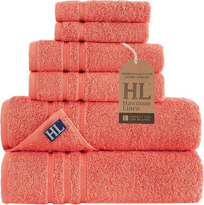Hawmam Linen Coral Orange 6 Piece Bath Towels Set for Bathroom Original Turkish Cotton Soft, Absorbent and Premium 2 Bath Towels, 2 Hand Towels, 2 Washcloths