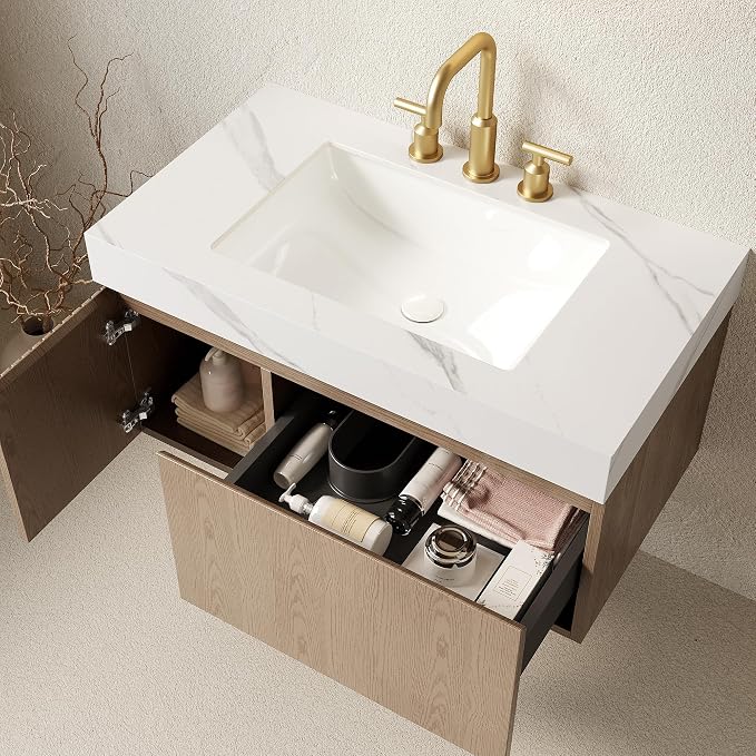 KEIKI 36 Inch Floating Bathroom Vanity with Sink, Light Brown & White | Modern Wall Mounted Storage Cabinet w/ Drawer & Door, Pre-assembled Wood Panels, Sintered Stone Top & Ceramic Basin Combo Set