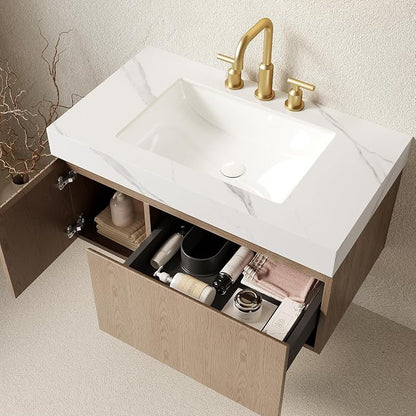 KEIKI 36 Inch Floating Bathroom Vanity with Sink, Light Brown & White | Modern Wall Mounted Storage Cabinet w/ Drawer & Door, Pre-assembled Wood Panels, Sintered Stone Top & Ceramic Basin Combo Set