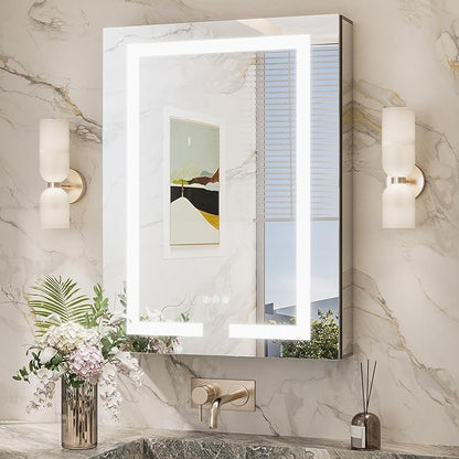 TokeShimi 24x32 Anti-Fog Led Medicine Cabinet Mirrored for Bathroom Surface or Recessed, Medicine Cabinet Mirror with Lights 3 Color Dimmable and Sockets, 2-Side Mirror with Storage UL-Listed Driver