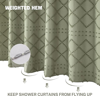 Extra Long Sage Green Boho Shower Curtain - Woven Fabric, 72 x 96 Inches, Tufted Chevron Textured Striped, Modern Farmhouse Minimalist for Bathroom