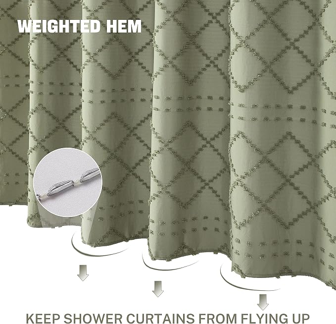 Siiluminisoy Extra Long Sage Green Boho Shower Curtain, 72 x 84 Tufted Chevron Textured Striped Modern Farmhouse Minimalist Cloth Shower Curtain for Bathroom