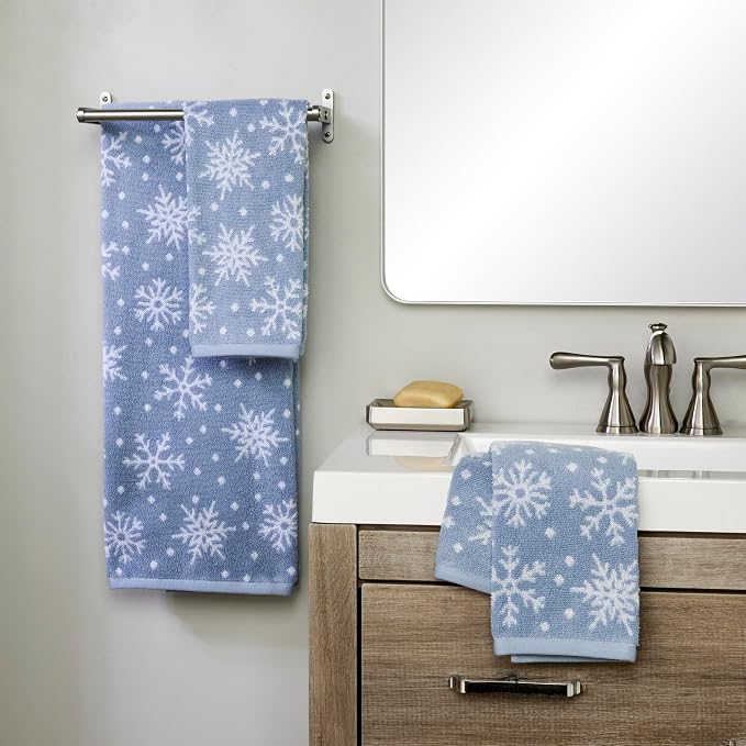 SKL Home Christmas/Winter Scattered Snowflakes Hand Towel Set-2pc, Blue | 100% Cotton. 500 GSM. Soft & absorbent. Reversible jacquard pattern. Great for the bathroom, kitchen or bar & holiday gift.