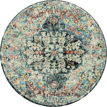 Lahome Bohemian Floral Medallion Round Rug - 4Ft Entryway Round Area Rug Soft Bathroom Circle Mat, Teal Turkish Non Slip Machine Washable Indoor Accent Carpet for Bedroom Kitchen Coffee Table
