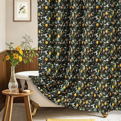 Floral Bird Shower Curtain 72x72, Hummingbird and Lemon Botanical Fabric Bath Curtains, Lightweight Quick-Dry Bathroom Decor Set with Hooks, Black