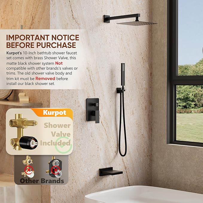 Shower System with Tub Spout, All Metal Matte Black Shower Faucet Set with Valve, 10'' Rain Shower Head with Handheld Spray, 59'' Shower Hose and Diverter, Wall Mounted Bath Tub Faucet Set
