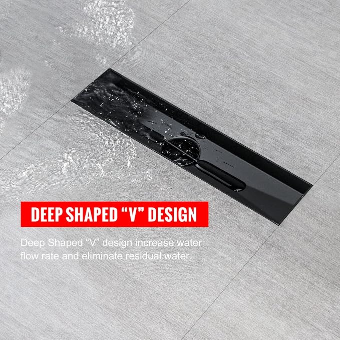 SaniteModar Linear Shower Drain 12 inch Matte Black with Tile Insert Panel | AISI 304 Stainless Steel Black Linear Dain Rectangle Shower Floor Drain with Hair Strainer and Leveling Feet