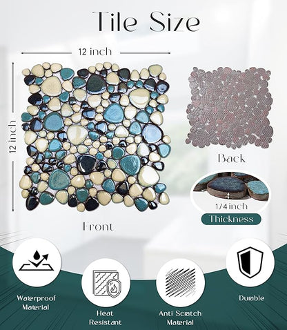 Pebble Tiles 5 Sheets, Aqua Teal Blue Mosaic Tiles for Accent Wall Backsplash, Pebble Tile for Bathroom Shower Floor