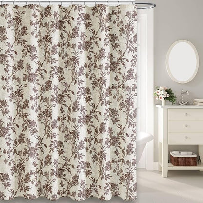 WOUVMA Extra Long Brown Shower Curtain Floral Cotton Linen Cottagecore Shower Curtain for Bathroom 90" L x 72" W