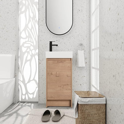 16" Bathroom Vanity with Sink & Storage, Freestanding Vanity Cabinet for Small Bathrooms, Modern 1-Door Floor-Mounted Design, Bathroom Sink Combo Furniture (Light Brown)