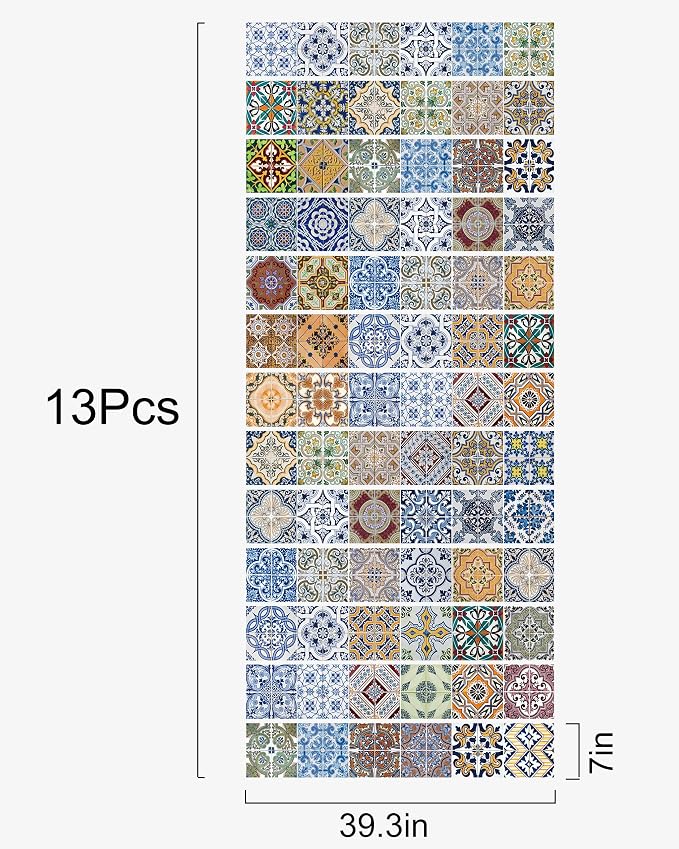 FLFK Peel and Stick Tile Stickers - 13 Waterproof Decals, Each with 6 Patterns, Each 7.08" W x 39.3" L, Perfect for Kitchen, Bathroom, Stairs, and Cupboards