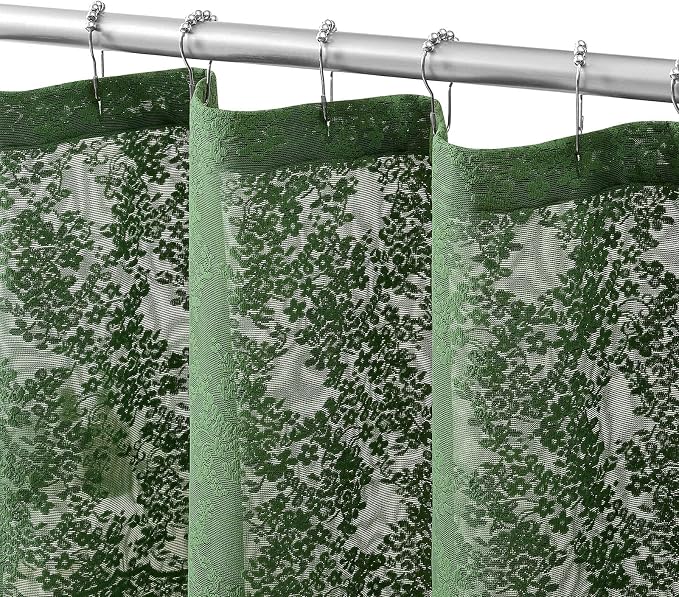 TUDECO Forest Green Lace Shower Curtain for Bathroom, 72W x 84L Inch | Forest Green, Rustic Floral, Semi-Sheer, Scalloped Edges, Summer Bathroom Curtain, Reinforced Holes, Machine Washable