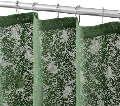 TUDECO Forest Green Lace Shower Curtain for Bathroom, 72W x 84L Inch | Forest Green, Rustic Floral, Semi-Sheer, Scalloped Edges, Summer Bathroom Curtain, Reinforced Holes, Machine Washable
