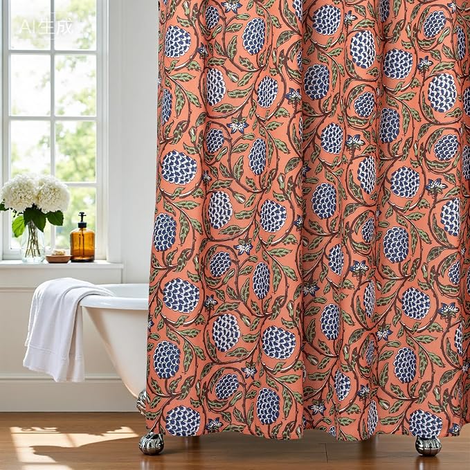 MUGINYU Boho Burnt Orange Floral Shower Curtain - 72x72 Inches,Cotton Blend Cloth Fabric, Botanical Coral Block Print Pattern for Rustic Farmhouse Frenchy Bathroom