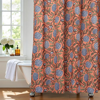 MUGINYU Boho Burnt Orange Floral Shower Curtain - 72x72 Inches,Cotton Blend Cloth Fabric, Botanical Coral Block Print Pattern for Rustic Farmhouse Frenchy Bathroom