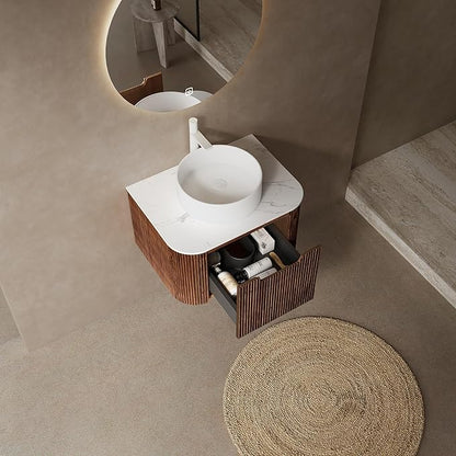 24'' Bathroom Vanities Cabinet with Sink Combo, Wall Mounted Floating Cabinet W/Curved Edges Stripes, Oak Plywood, Soft-close System with a Drawer, White Round Ceramic Basin - Kiel, Dark Walnut