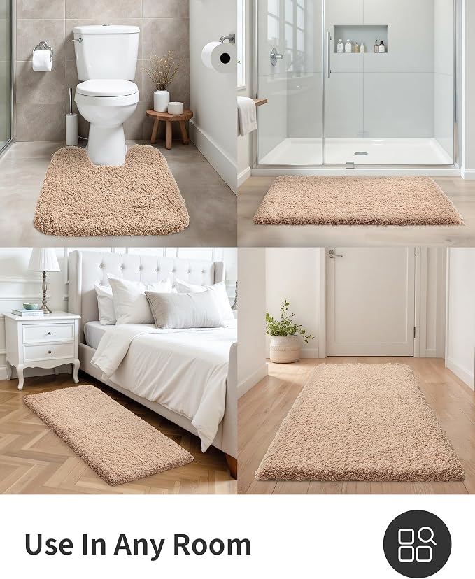 ILANGO Beige Bathroom Rugs 36" × 24" Non Slip & Super Absorbent Extra Thick Soft, Washable Bath Mat for Floor, Microfiber Plush Shaggy Bath Rug with Rubber for Bathtub Shower Room Sink