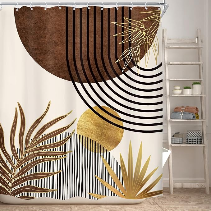 Mid Century Boho Abstract Modern Sun Minimalist Bathroom Shower Curtain Set | 60Wx72H Arch Golden design, waterproof HD print with fast-drying fabric and 12 hooks.