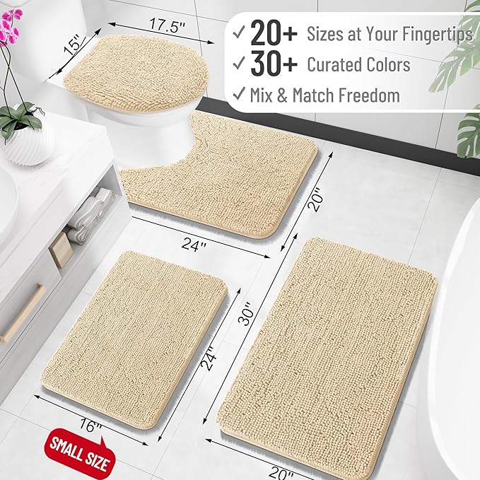OLANLY Toilet Rugs U-Shaped 24x24, Soft Absorbent Chenille Contour Rugs | Beige, Quick-Drying Rubber Backing, Machine Washable Non-Slip Shaggy Bathroom Mat for Toilet, Home Decor Accessories