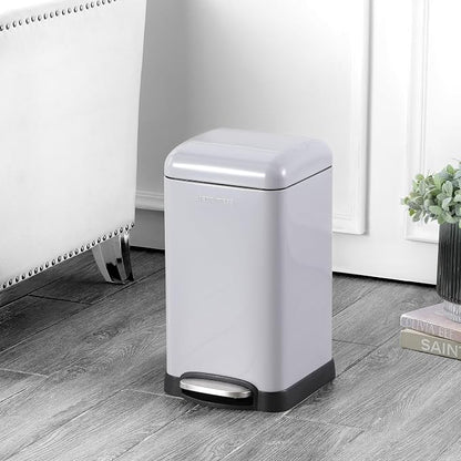 happimess Betty Retro Mini 3.2 Gal Step Trash Can, Gloss Gray | Soft-Close Lid, Removable Liner, Iron, Hands-Free Pedal, Non-Skid Base, Built-In Damper, Modern, Minimalistic