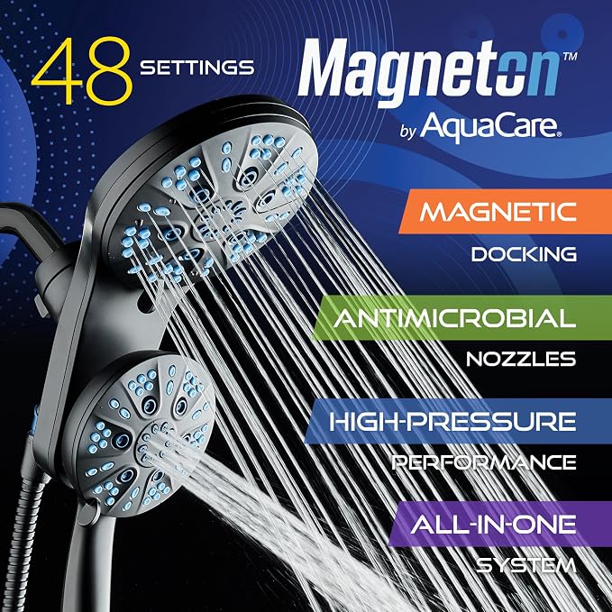 AquaCare Magneton 48-Mode High Pressure Rain & Handheld Shower Head Combo | Space-age Magnetic Guidance Docking, Dual 6-mode Heads with Hygienic Jets, Extra-long 6 ft. Stainless Steel Hose / Black