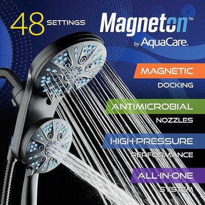 AquaCare Magneton 48-Mode High Pressure Rain & Handheld Shower Head Combo | Space-age Magnetic Guidance Docking, Dual 6-mode Heads with Hygienic Jets, Extra-long 6 ft. Stainless Steel Hose / Black