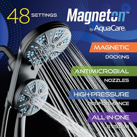 AquaCare Magneton 48-Mode High Pressure Rain & Handheld Shower Head Combo | Space-age Magnetic Guidance Docking, Dual 6-mode Heads with Hygienic Jets, Extra-long 6 ft. Stainless Steel Hose / Black