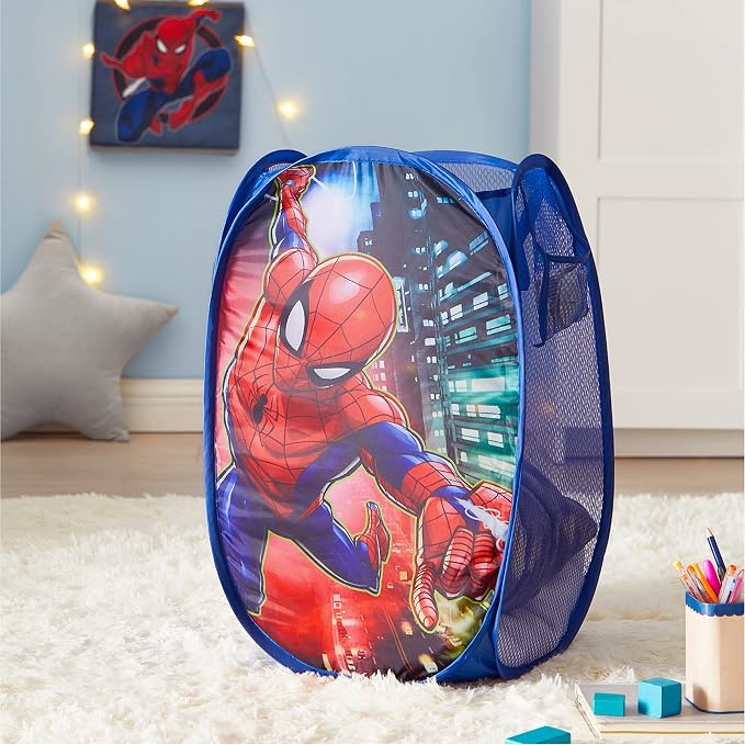 Marvel Spider-Man Pop-Up Hamper for Kids, Collapsible Laundry Basket with Durable Carry Handles, Lightweight Portable Clothes Hamper & Storage Bin for Bedroom, Playroom & Bathroom, Blue