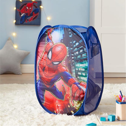 Marvel Spider-Man Pop-Up Hamper for Kids, Collapsible Laundry Basket with Durable Carry Handles, Lightweight Portable Clothes Hamper & Storage Bin for Bedroom, Playroom & Bathroom, Blue