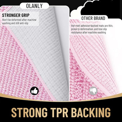 OLANLY Thick Chenille Bathroom Runner Rugs 44x24, Absorbent Bath Mat, Pink | Soft Bath Rugs, Rubber Backing, Machine Wash Dry, Bath Mats for Bathroom, Tub and Shower, Home Decor Accessories