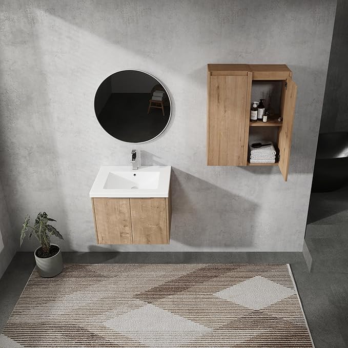 SSLine 24-Inch Single Bathroom Vanity Modern Wall Mounted Bathroom Vanity with Sink 24" Small Floating Bathroom Vanities Set with 2 Side Storage Cabinets,Brown White