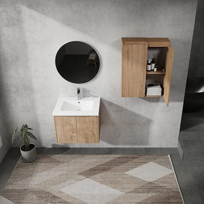 SSLine 24-Inch Single Bathroom Vanity Modern Wall Mounted Bathroom Vanity with Sink 24" Small Floating Bathroom Vanities Set with 2 Side Storage Cabinets,Brown White