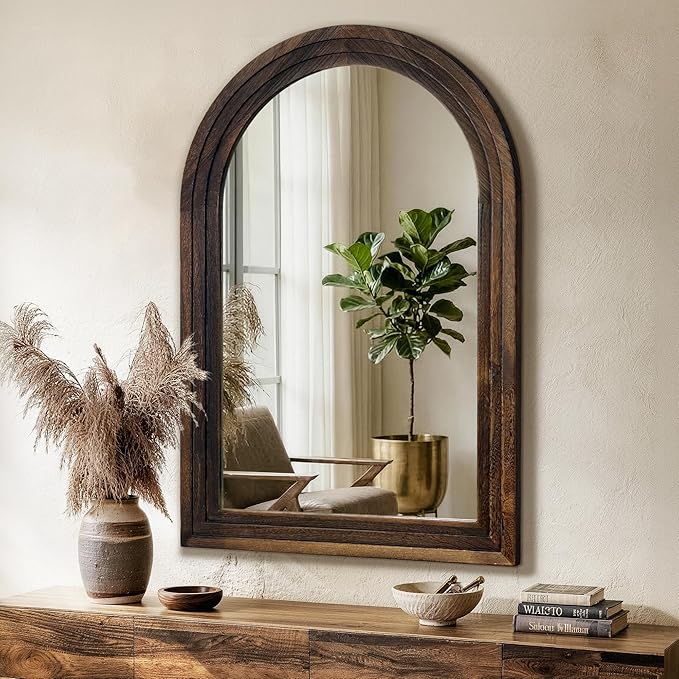 Arched Bathroom Mirror, 36"x24" Brown Wood Frame Wall Mirror | Farmhouse Vintage Vanity Mirror with Layered Frame for Entryway, Living Room, Bedroom