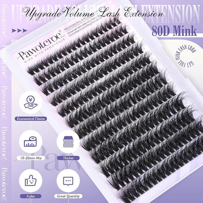 Lash Clusters Full 80D Individual Lashes Cluster Eyelash Extensions 10-20mm Mix Eyelash Clusters 240pcs Lash Extension for Self Application (Mink 80D, 0.07D, 10-20mm)
