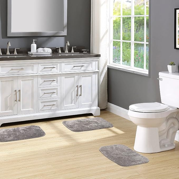 Garland Rug Traditional Nylon Washable Medium Gray 3 Bath Rugs (17" X 24", 21" X 34", 21" X 34") - Soft, Absorbent, and Stylish for Your Bathroom