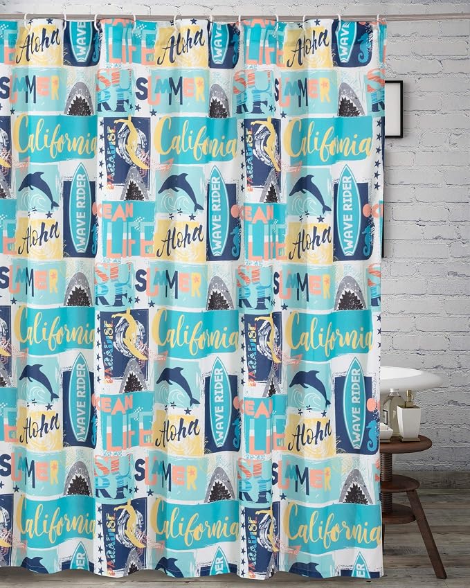 Greenland Home Fashions Fabric Sensations Shower Curtain, Stylish Bathroom Decor, Machine Washable, 72 inches x 72 inches, Wave Rider