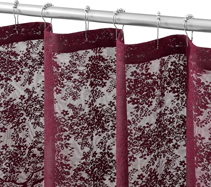 YJ YANJUN Burgundy Lace Stall Shower Curtain 36 x 72 Inch, Vintage Floral | Victorian Narrow Shower Curtain with Attached Valance, Sheer Privacy for RV, Apartment, Guest and Small Bathroom Décor 1Panel