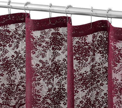 YJ YANJUN Burgundy Lace Stall Shower Curtain 36 x 72 Inch, Vintage Floral | Victorian Narrow Shower Curtain with Attached Valance, Sheer Privacy for RV, Apartment, Guest and Small Bathroom Décor 1Panel