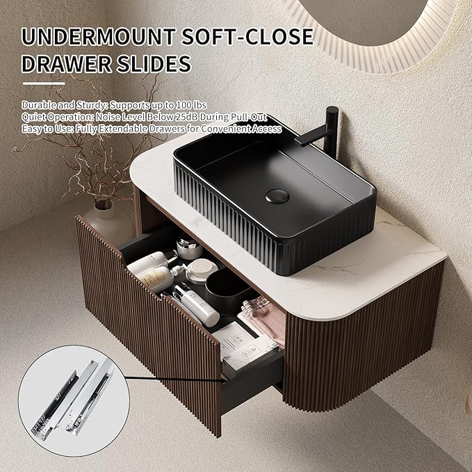 Yayzy 30" Floating Bathroom Vanity with Sink, Solid Wood Fluted Cabinet, Black Fluted Square Ceramic Basin & Faux Marble Top, Soft-Close Drawer, Pre-Assembled, Walnut Woodgrain